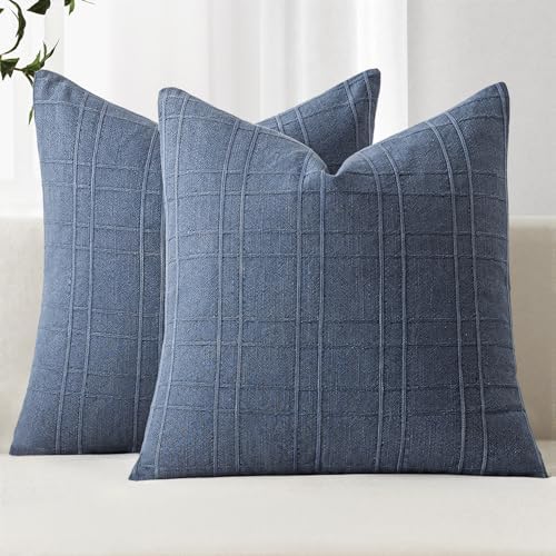 MIULEE Linen Plaid Pillow Covers Coastal Decorative 16x16 Blue by MIULEE