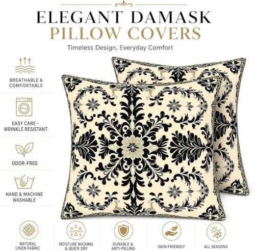 Set of 2 Linen Vintage Black Damask Floral Throw Pillow Covers 18x18 Inch - Image 4