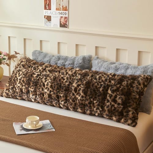 LIFEREVO Leopard Print Body Pillow Cover 20x54, Soft Fluffy Faux Rabbit Fur by LIFEREVO