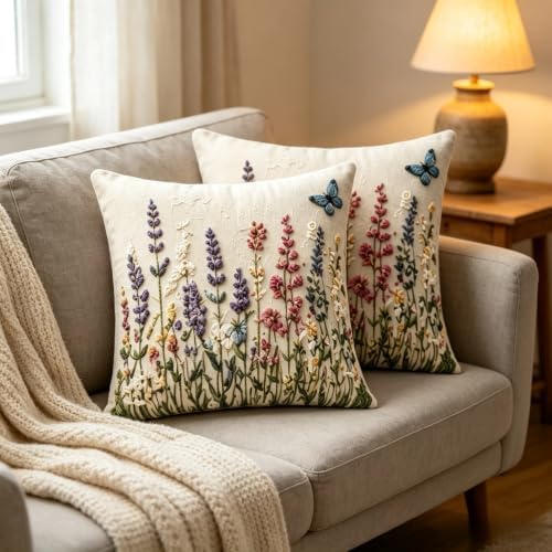 2D flat Wildflower Butterfly Linen Throw Pillow Covers 18x18 Set of 2 - Image 3