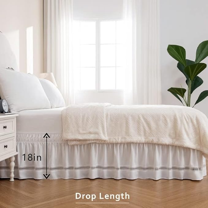 MIYE Wrap Around Ruffled Lace Bed Skirt, Elastic Dust Ruffle with Adjustable Belts, Easy to Put On, Bed Frame Cover, Machine Washable (Ruffled Lace/White, King/Queen-18 Drop)