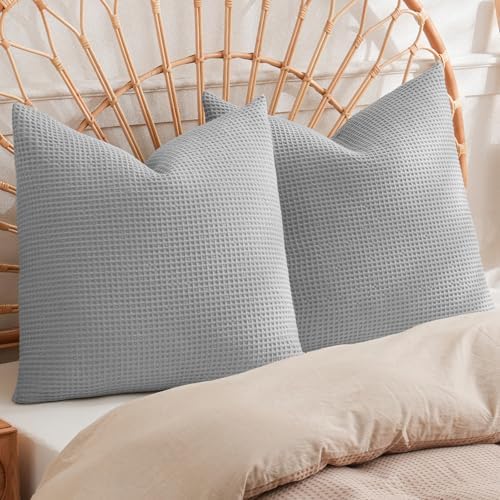PHF Cotton Waffle Throw Pillow Covers 18" x 18", Light Grey, No Insert by PHF
