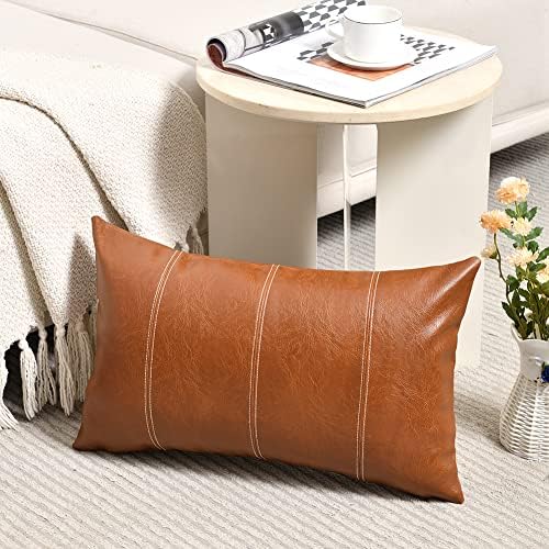 Fancy Homi Brown Boho Long Lumbar Faux Leather Decorative Throw Pillow Covers by Fancy+Homi