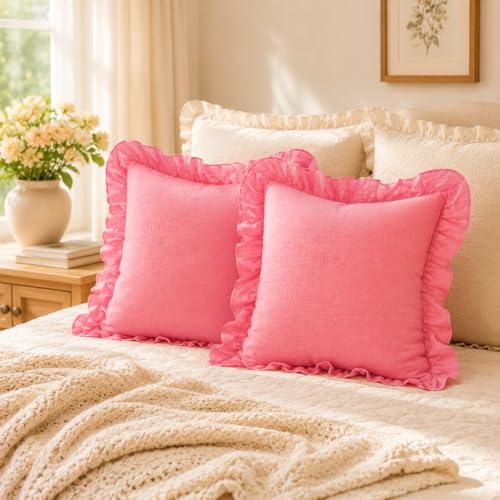 JoraLion Ruffled Throw Pillow Cover 20x20 Solid Pink by JoraLion
