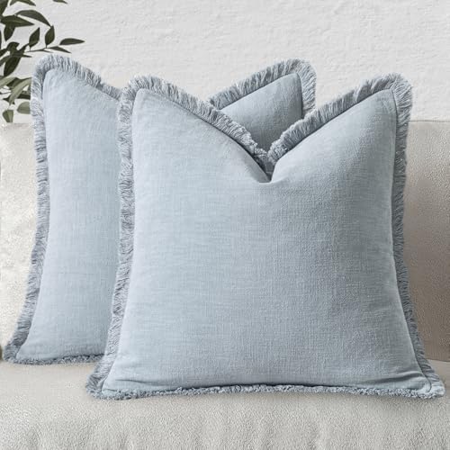 MIULEE Boho Linen Fringe Decorative Throw Pillow Covers Sky Blue 18x18 - Image 7