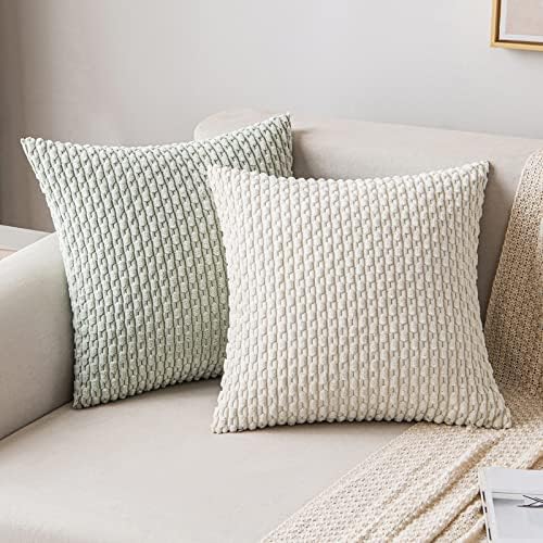 MIULEE Decorative Throw Pillow Covers 16x16 Light Green Textured Corduroy - Image 4