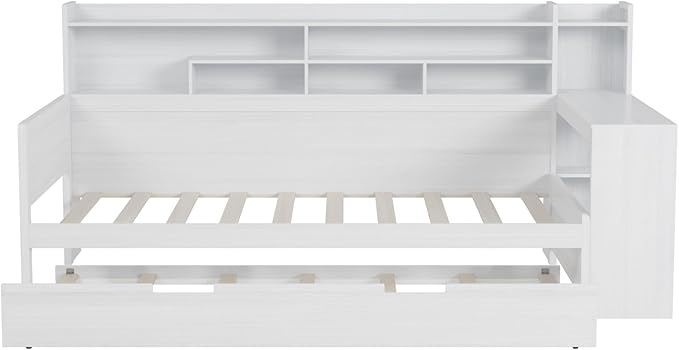 Merax Twin Size Corner Daybed Bed Frames with Desk and Trundle & Storage Shelves Headboard, Pinewood U-Shaped Captain Daybed Bed Frames for Small Room, Bedroom, Guest Room, Kids' Room, White