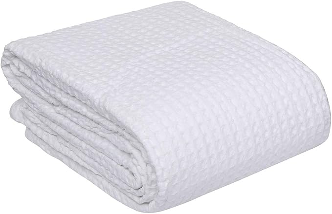 HILLFAIR 100% Combed Cotton Blanket– King Size Bed Blankets– Warm Soft All Season Breathable Lightweight Summer Blankets– Waffle Weave Home Decor Bed Blanket- White King Bed Cotton Blankets/Bedcovers