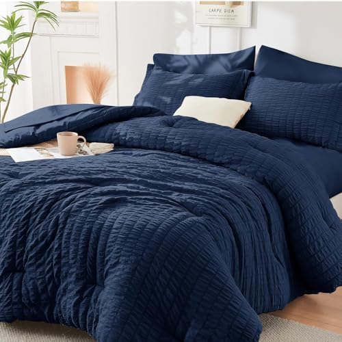 HYMOKEGE Navy Blue Oversized Queen Comforter Set Seersucker 7 Pieces, All by HYMOKEGE