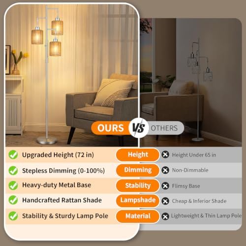 Hotsonic 72" Boho Rattan Tree Floor Lamp, Tall Dimmable Industrial Standing Lamp, Corner Decor Accent Lighting for Living Room, Bedroom, Dining Room, Nursery, Cafe (3 x 800LM Bulbs Included) - Silver - Image 2