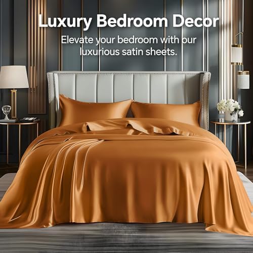 BEDELITE Satin Sheets Full Size Bed Set, Burnt Orange, 4 Pieces - Image 2