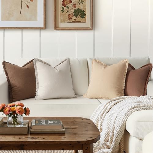 MIULEE Fall Linen Fringe Pillow Covers Set of 4 20x20 Beige/Brown - Image 4