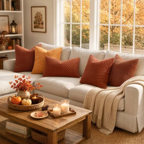 MIULEE Fall Decorative Throw Pillow Covers 16x16 Rust Textured Corduroy - Image 4