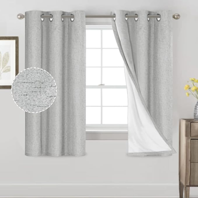PrinceDeco Linen Texture Curtains Full Blackout Curtains 64 inch Long 2 Panels Set Anti-Rust Grommet Grey Linen Curtains Vertical Drapes Privacy for Bedroom Living Room，42 X 64 Inch, Glacier Grey