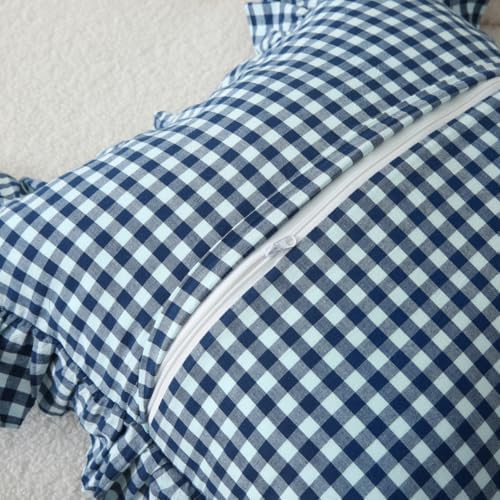 Silnuo Navy Blue/White Gingham Plaid Ruffle Throw Pillow Covers 20"x20" - Image 4