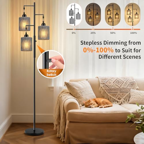 Hotsonic 72" Boho Rattan Tree Floor Lamp, Tall Dimmable Industrial Standing Lamp, Corner Decor Accent Lighting for Living Room, Bedroom, Dining Room, Nursery, Cafe (3 x 800LM Bulbs Included) - Black - Image 6