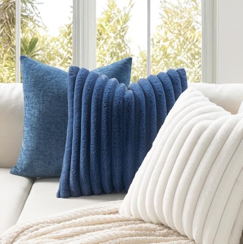 MIULEE Faux Fur Decorative Euro Sham Pillow Covers 24x24 Navy Blue 2 Pack - Image 3