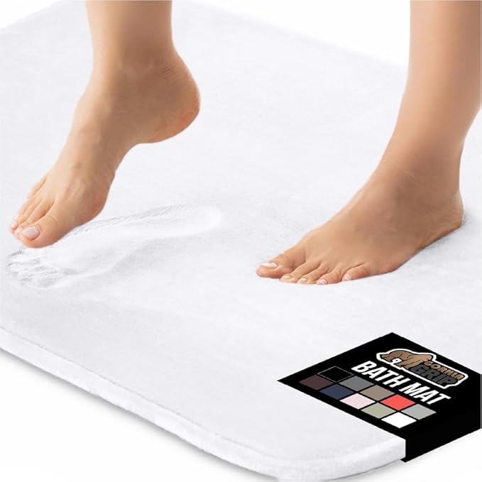 GORILLA GRIP Thick Memory Foam Bath Rugs, Soft Absorbent Velvet Bathroom Mats, Durable Dots on Underside, Machine Washable Bathmat, Carpet Rug Room Decor for Shower Floor, 60x24 Mat, White