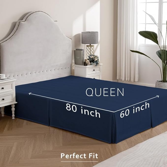 MIYE Pleated Waffle Weave Bed Skirt, Tailored Dust Ruffle 16 Inch Drop Easy Fit, Machine Washable (Navy Blue, Queen - 16" Drop)