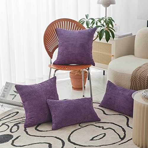 Home Brilliant Purple Pillow Covers Set of 2 Striped Velvet Corduroy Decorative - Image 2