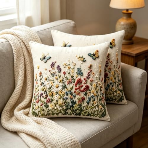 2D Flat Meadow Butterfly Linen Throw Pillow Covers 18x18 Set of 2 - Image 3