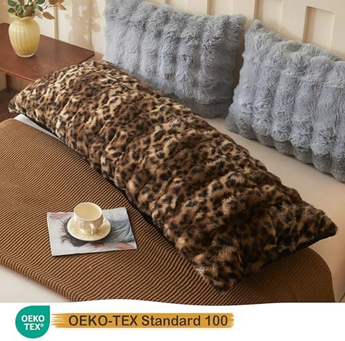 LIFEREVO Leopard Print Body Pillow Cover 20x54, Soft Fluffy Faux Rabbit Fur - Image 3