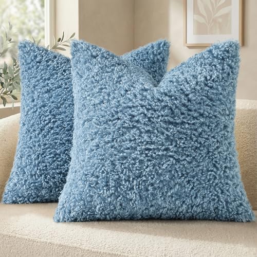 decorUhome Sherpa Decorative Throw Pillow Covers 26x26 Set of 2 Light Blue by decorUhome
