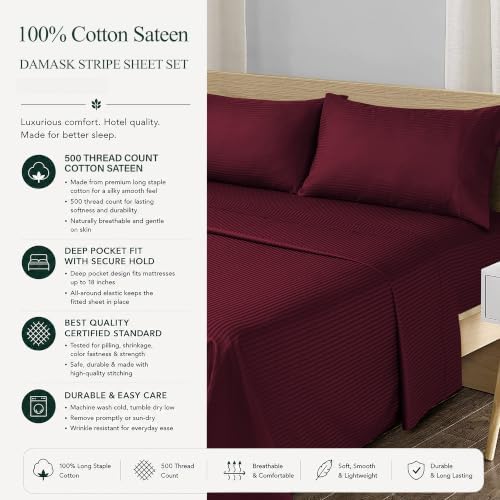 Feather & Stitch 100% Cotton Sateen 500 TC Cal King Size Bed Sheet Set - Image 6