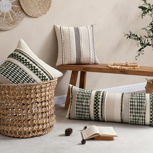 ANRODUO Boho Decorative Pillow Covers 18x18 Dark Green Stripe Pack of 2 - Image 3