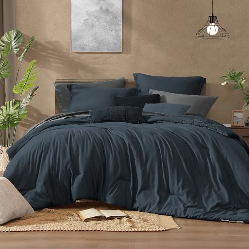 Monbix Queen Comforter Set 7 Pieces Navy Blue Cationic Dyeing Bed in a Bag by Monbix