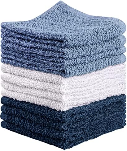 Towel and Linen Mart 100% Cotton - Wash Cloth Set - Flannel Face Cloths, Highly Absorbent and Soft Feel Fingertip Towels (Navy, White & Sky Blue, Pack of 12) by T+%26+L+Towel+and+Linen+Mart