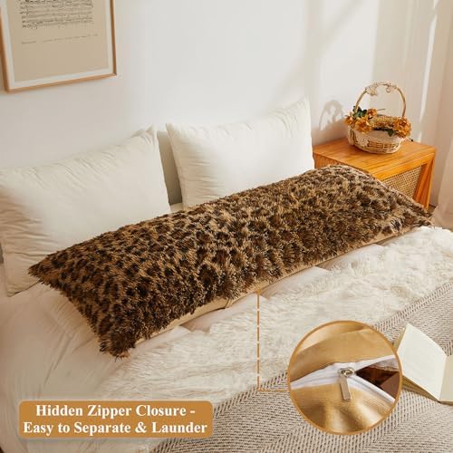 XeGe 20x54 Fluffy Faux Fur Leopard Print Body Pillow Cover, Cheetah Brown - Image 3