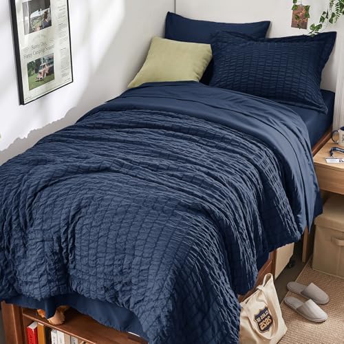 HYMOKEGE Navy Blue Twin Comforter Set Seersucker 5 Pieces, All Season Luxury by HYMOKEGE