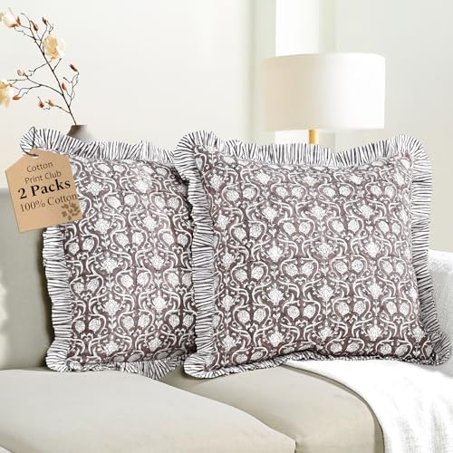 CPC Mocha Regal Hand Block Print 100% Cotton Ruffle Throw Pillow Cover 24x24 by COTTONPRINTCLUB