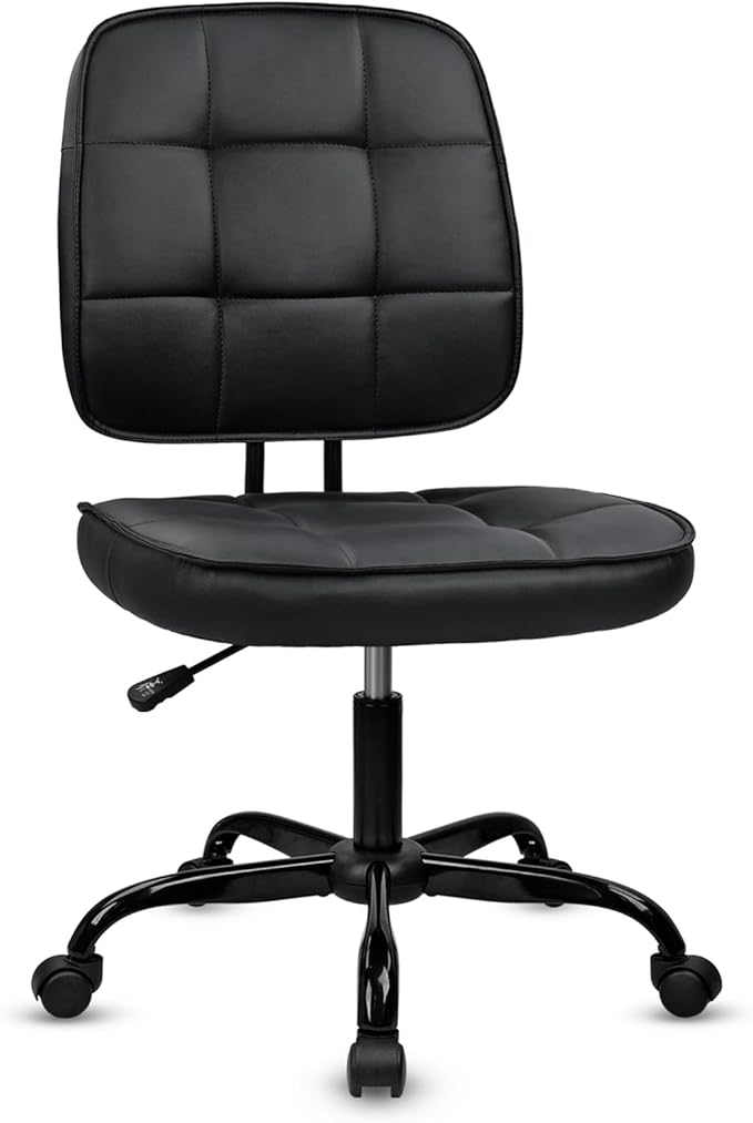 CLATINA Armless Home Office Chair with Lumbar Support and Wheels, Small PU Leather Ergonomic Low Back Desk Chairs No Arms, Adjustable Height 360° Swivel Rolling Computer Task Chair, Black