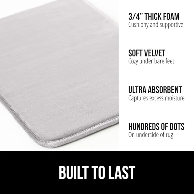 GORILLA GRIP Memory Foam Bath Rugs, Soft Absorbent Velvet Bathroom Mats, Durable Dots on Underside, Machine Washable Bathmat, Carpet Rug Room Decor for Shower Floor, 42x24 Mat, Light Gray