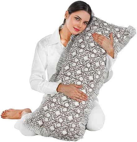 CPC Block Print Mocha Regal Ruffle Cotton Lumbar Pillow Cover 14x36 inch - Image 5