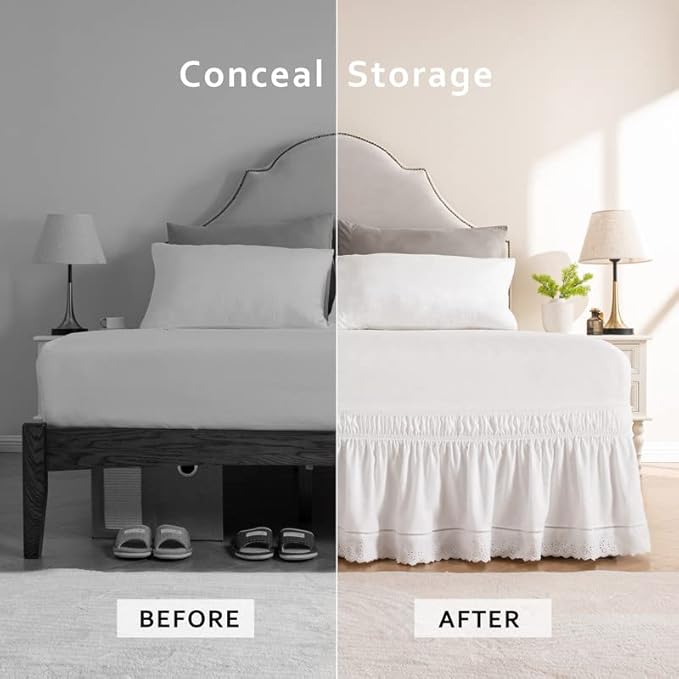 MIYE Wrap Around Ruffled Lace Bed Skirt, Elastic Dust Ruffle with Adjustable Belts, Easy to Put On, Bed Frame Cover, Machine Washable (Embroidered/White, King/Queen-18 Drop)