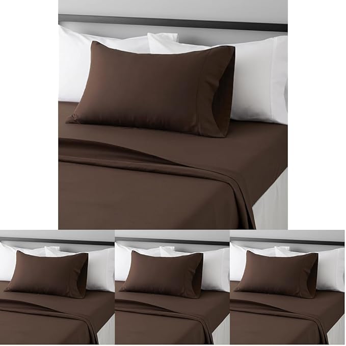 Amazon Basics Lightweight Super Soft Easy Care Wrinkle Free Microfiber 3 Piece Bed Sheet Set with 14-Inch Deep Pockets, Twin, Chocolate, Solid, Kids, Men & Women Bedding (Pack of 4)