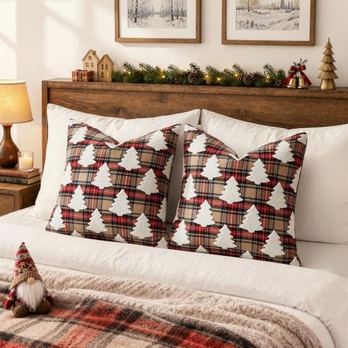 EMEMA Christmas Pillow Covers 20x20 Set of 2, Khaki Tartan Plaid Throw Pillow - Image 7