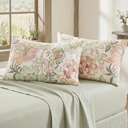 Bedorm 100% Cotton Pillowcases Set of 2 King Size Floral Pillow Cover Green by Bedorm
