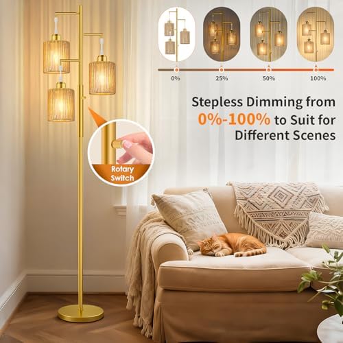 Hotsonic 72" Boho Rattan Tree Floor Lamp, Tall Dimmable Industrial Standing Lamp, Corner Decor Accent Lighting for Living Room, Bedroom, Dining Room, Nursery, Cafe (3 x 800LM Bulbs Included) - Gold - Image 4