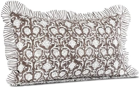 CPC Block Print Mocha Regal Ruffle Cotton Lumbar Pillow Cover 12x20 inch - Image 5