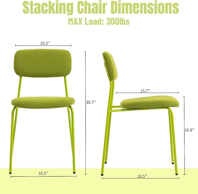 Stackable Chairs Indoor Set of 4, Dining Chair Ser for 4, Armless Stacking Chairs with Sturdy Metal Legs for Living Room, Office Chair for Guest, Green.