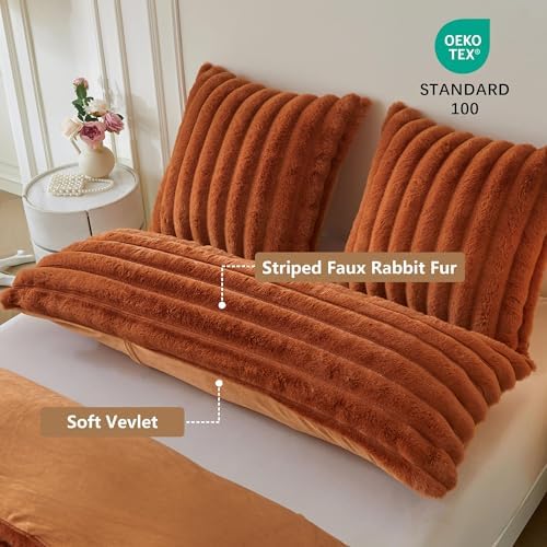 MEGO 20x54 Body Pillow Cover, Fluffy Ribbed Faux Rabbit Fur, Burnt Orange - Image 3