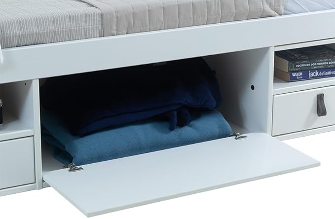 memomad Bali Slim Set: Storage Platform Bed with Drawers + Flat Panel Headboard (Full Size, White Wood)