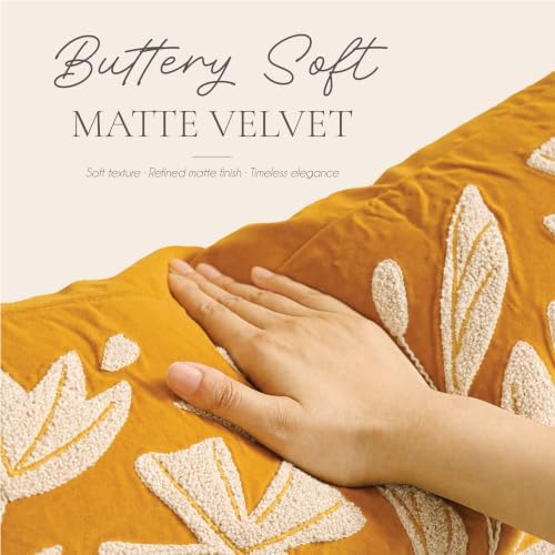 BlissBlush Lumbar Pillow Cover 12x20 Inch, Mustard Floral Tufted Velvet - Image 4