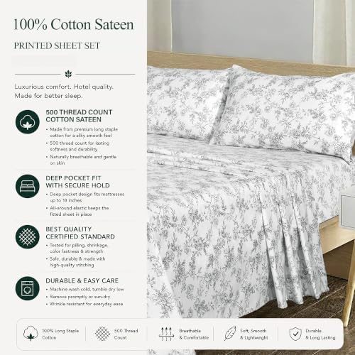 Feather & Stitch 100% Cotton Sateen 500 TC Queen Size Bed Sheet Set - Image 6