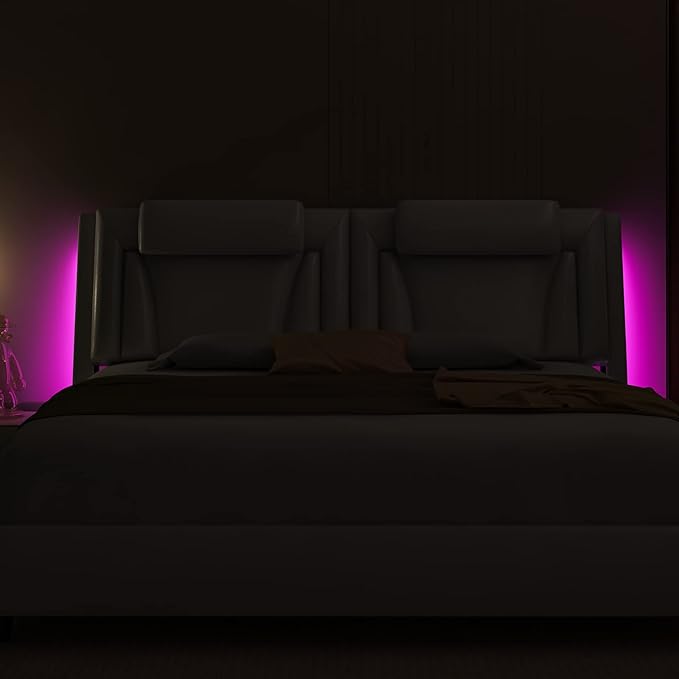 Keyluv Upholstered Platform Bed Frame with Adjustable LED Headboard, Pu Leather, Wave-Like Curve Design and Solid Wooden Slats Support, No Box Spring Needed, Noise Free, Modern, Queen, White