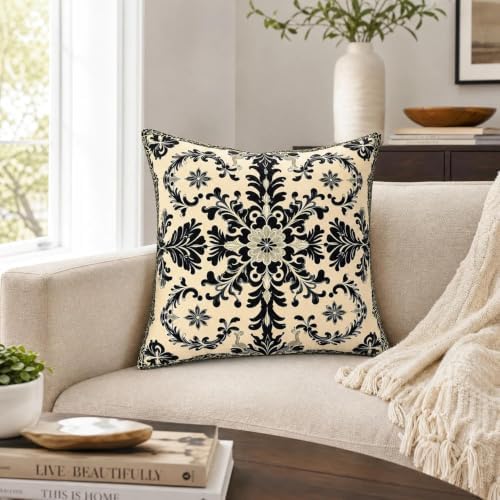 Set of 2 Linen Vintage Black Damask Floral Throw Pillow Covers 18x18 Inch - Image 3